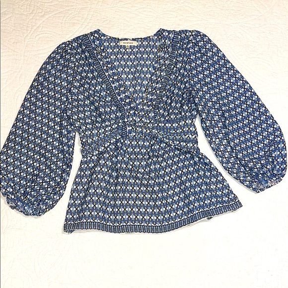 Tops - Blue Printed V-Neck Puff Sleeve Women's Top